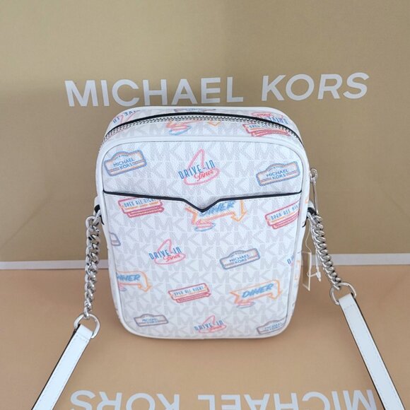 Michael Kors Jet Set Travel Medium NS Chain Crossbody Handbag Optic White Diner - Picture 4 of 7